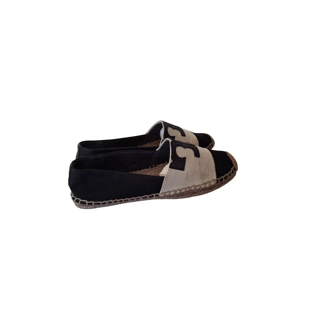 Tory Burch Ines Espadrilles Black Cream Leather Logo Canvas Flats Slip On
